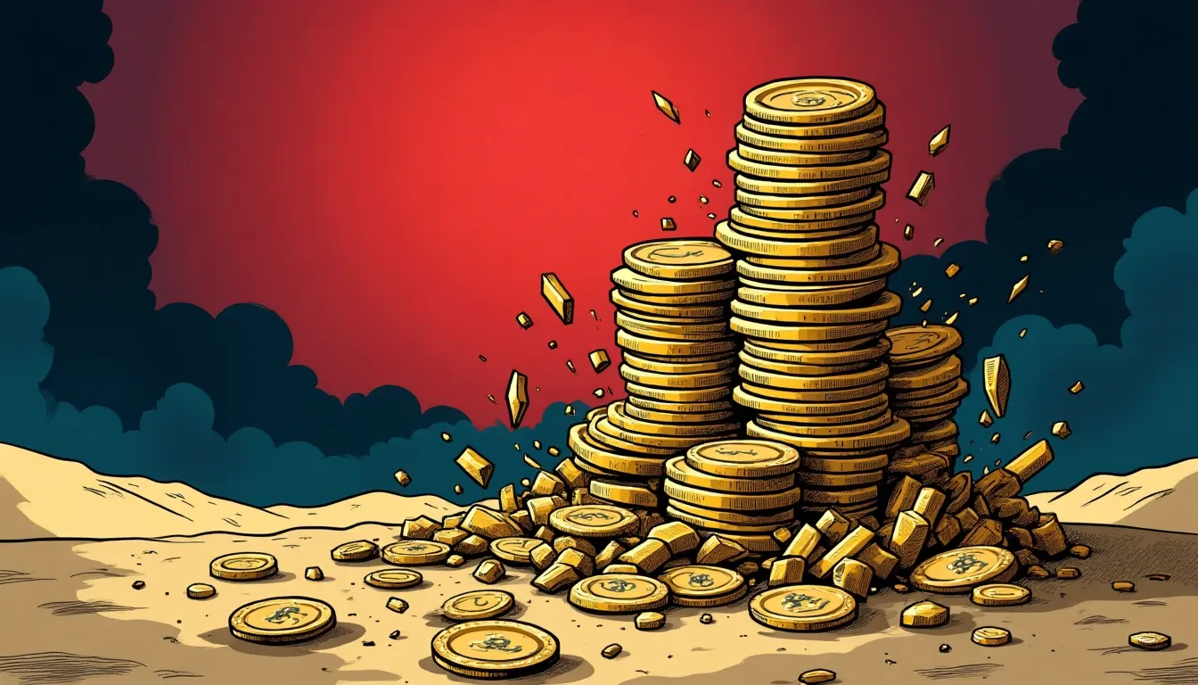 Deteriorating coin stack with percentage symbols crumbling, representing collapse of unsustainable yields