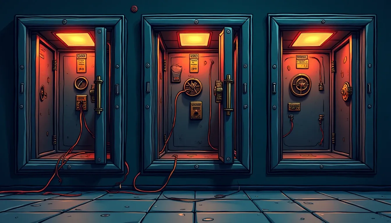 Three empty vault compartments labeled March 2025 with disconnected cables representing vanished stablecoin positions