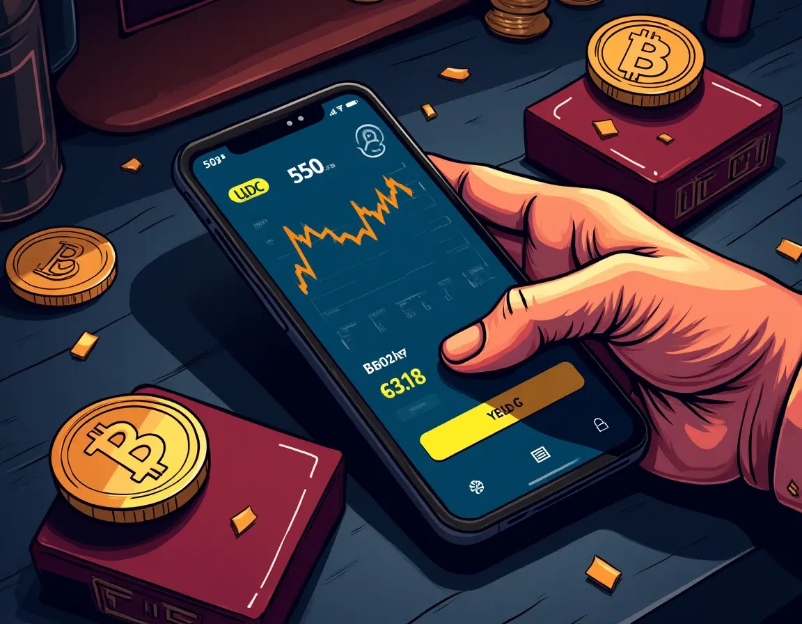 Mobile crypto exchange interface showing USDC deposit balance and current APY rate