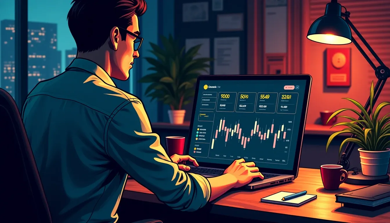 Trader reviewing multi-chain DeFi positions on laptop screen with charts and wallet balances