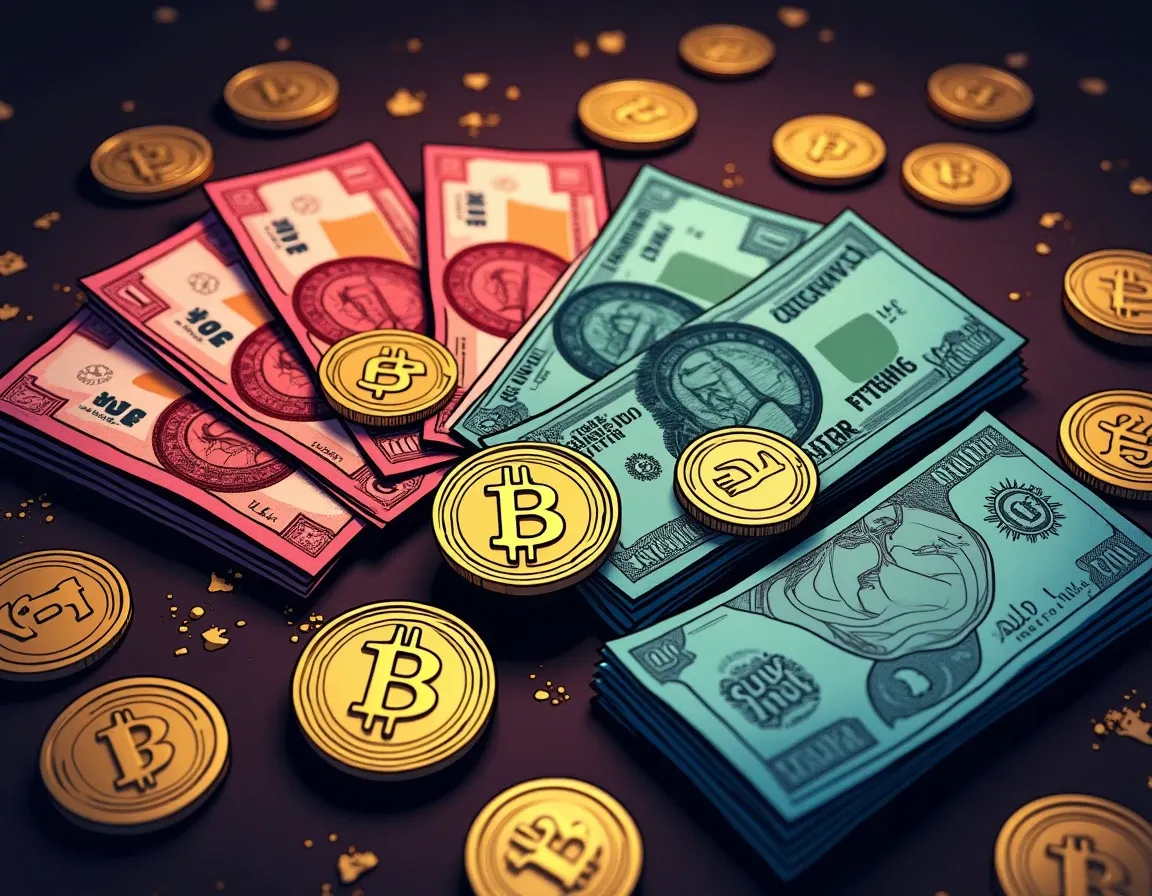 Turkish Lira banknotes with USDT tokens and Russian Ruble bills showing corridor currencies