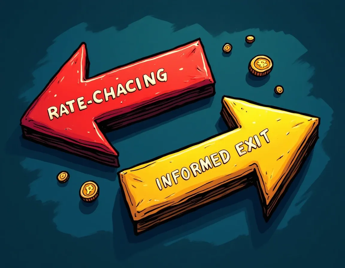Two diverging token arrows showing rate-chasing rotation versus informed exit patterns