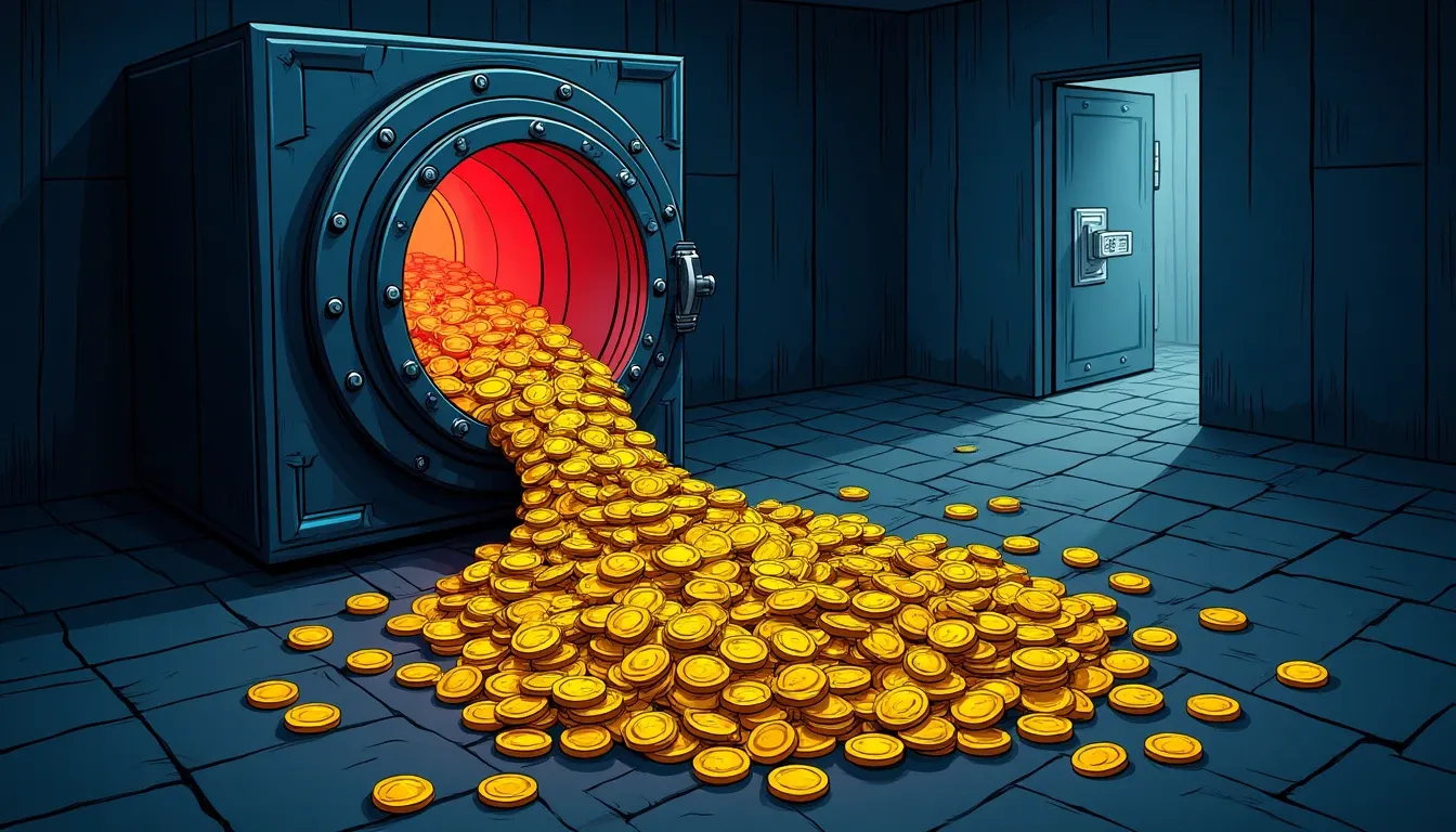 Golden coins flowing downward from transparent vault symbolizing total value locked outflows