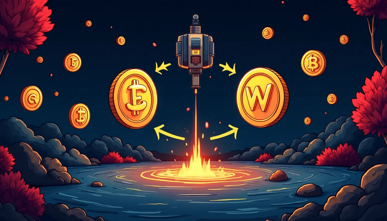 Uniswap V3 logo with USDC and WETH tokens in liquidity pool configuration