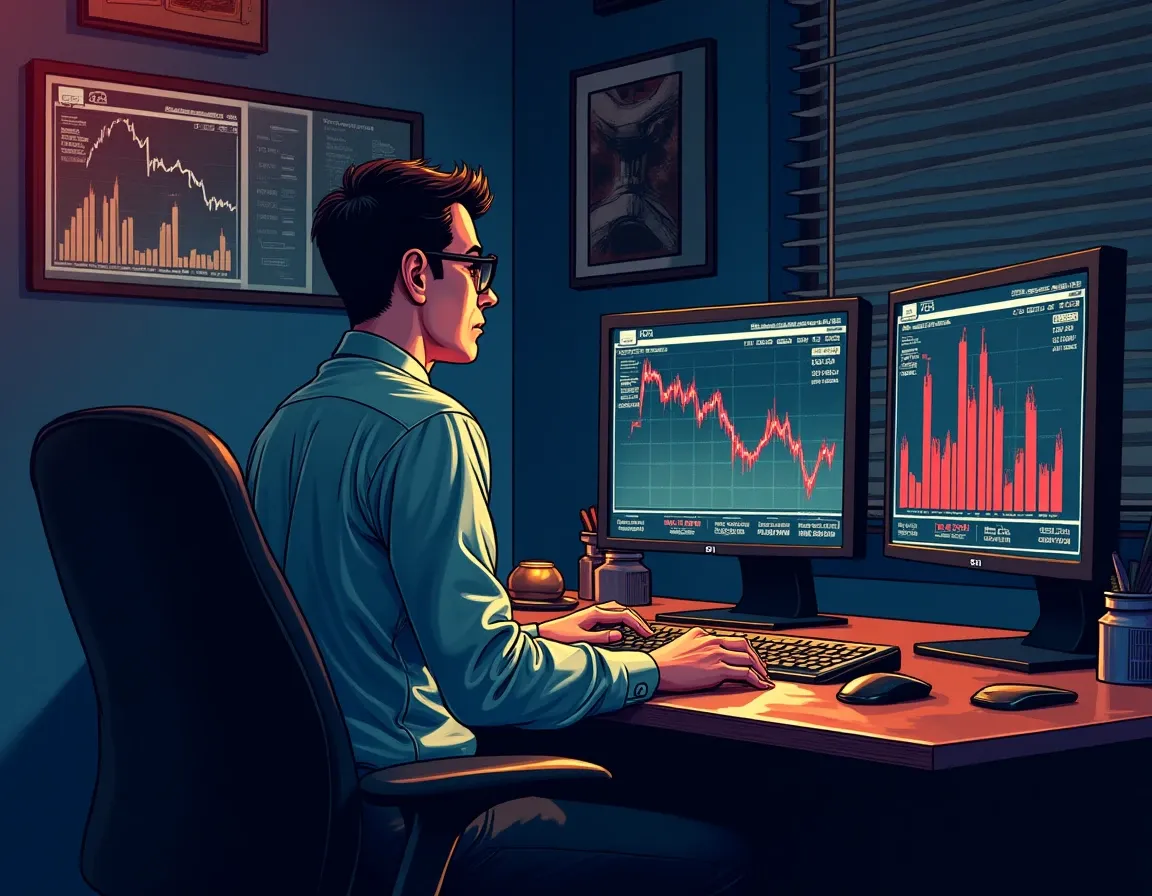 Financial analyst examining declining yield data across multiple monitoring screens in modern office
