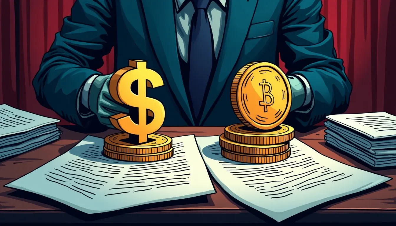 Two currency symbols side by side representing stablecoin reserve comparison and trust