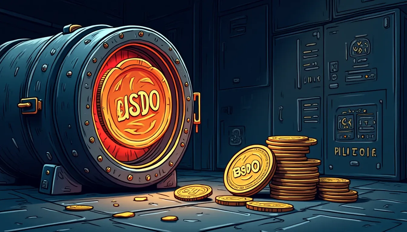 USD0 and bUSD0 tokens connected to treasury vault showing 6.8% yield rate and protocol mechanics