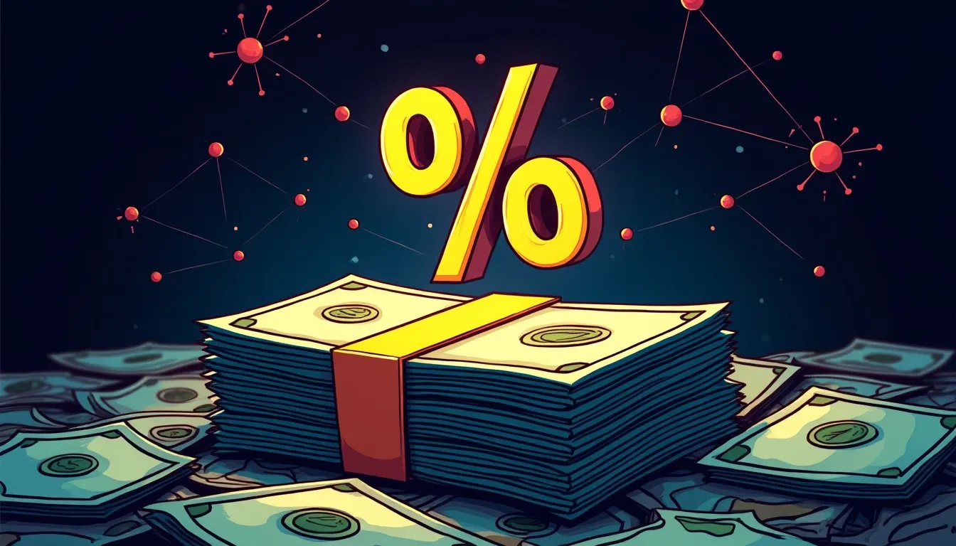Dollar bills with percentage symbols and blockchain nodes showing stablecoin yield generation
