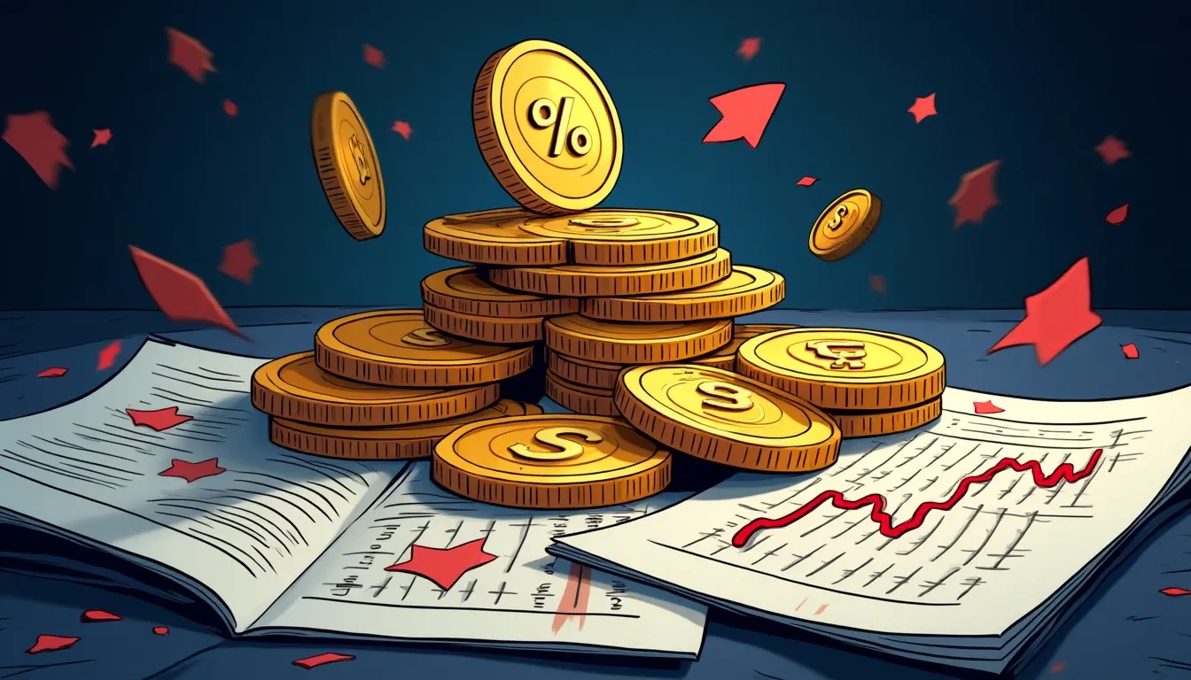 Stablecoin tokens with yield percentages, treasury bonds, and protocol logos on financial documents