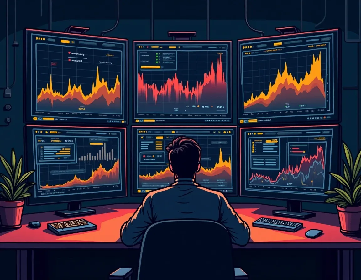 Multiple financial monitoring screens displaying real time DeFi lending rates and yield comparisons