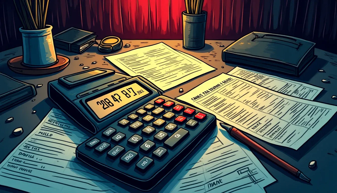 Calculator, transaction receipts, and gas fee invoices representing airdrop farming costs