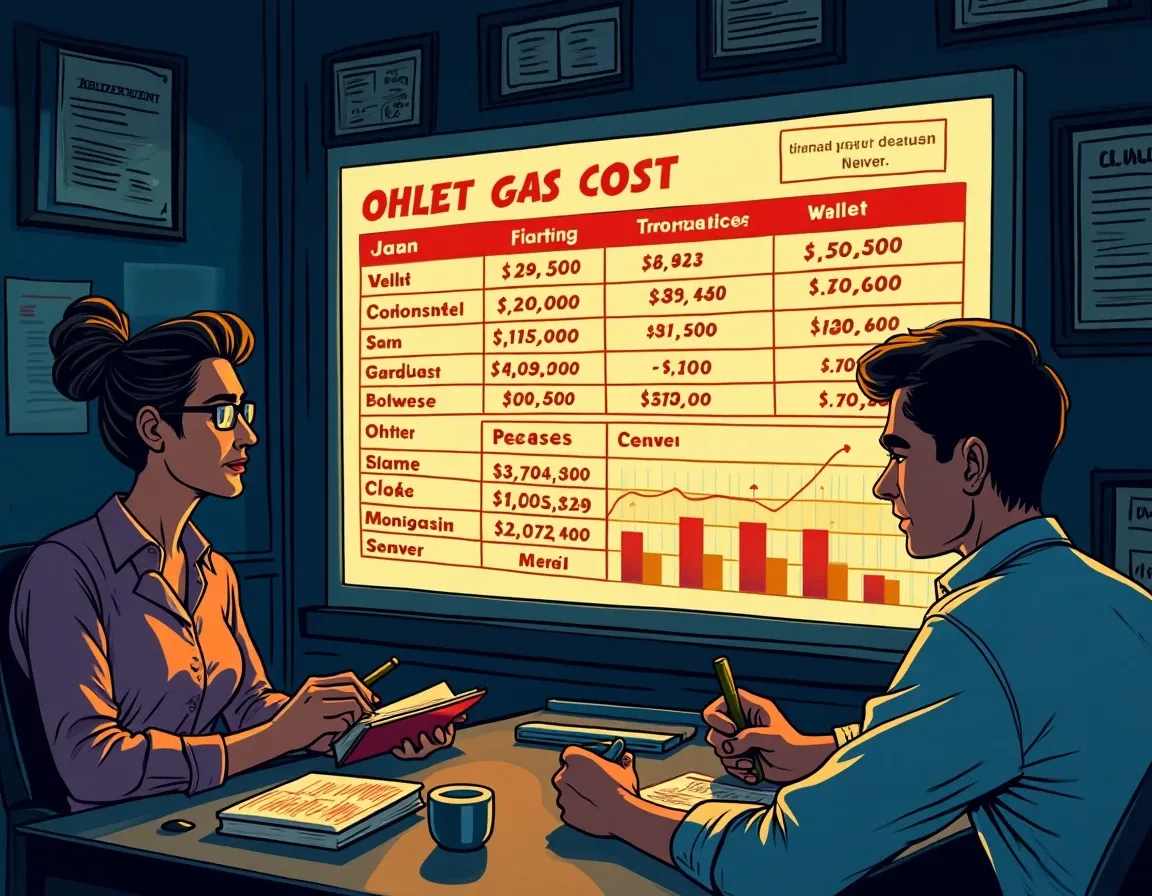 Gas cost tracking spreadsheet displaying per-wallet transaction fees and profitability calculations