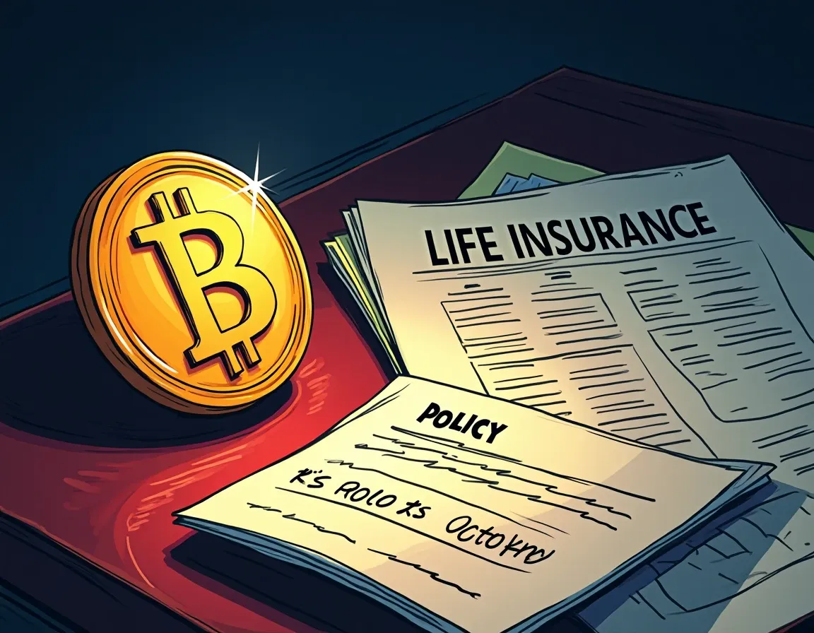 Bitcoin symbol beside life insurance documents illustrating crypto-denominated coverage products