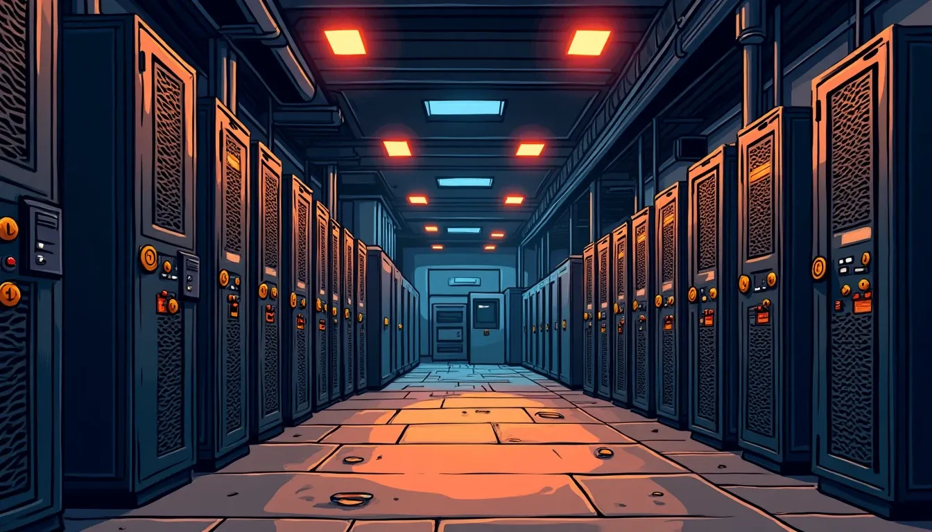 Bitcoin mining hardware in industrial data center showing network infrastructure