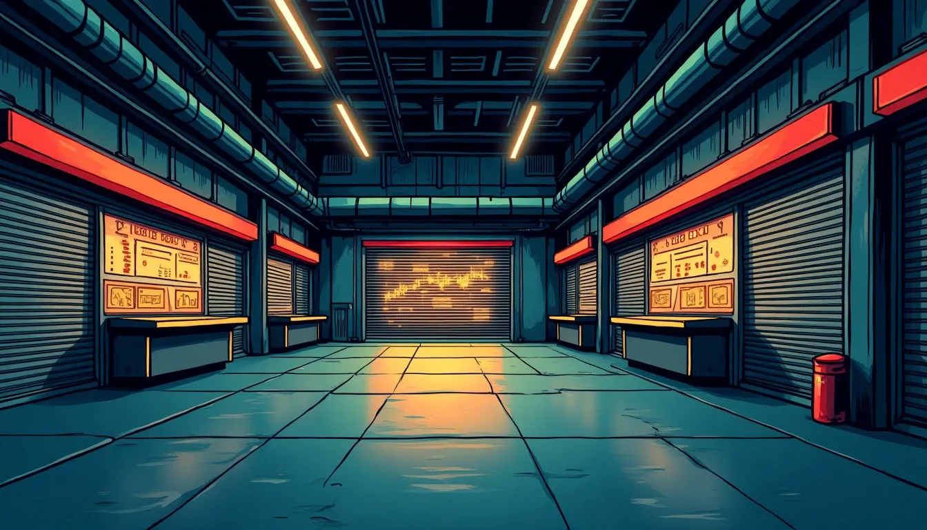 Empty NFT marketplace floor representing Blur platform shutdown after volume collapse