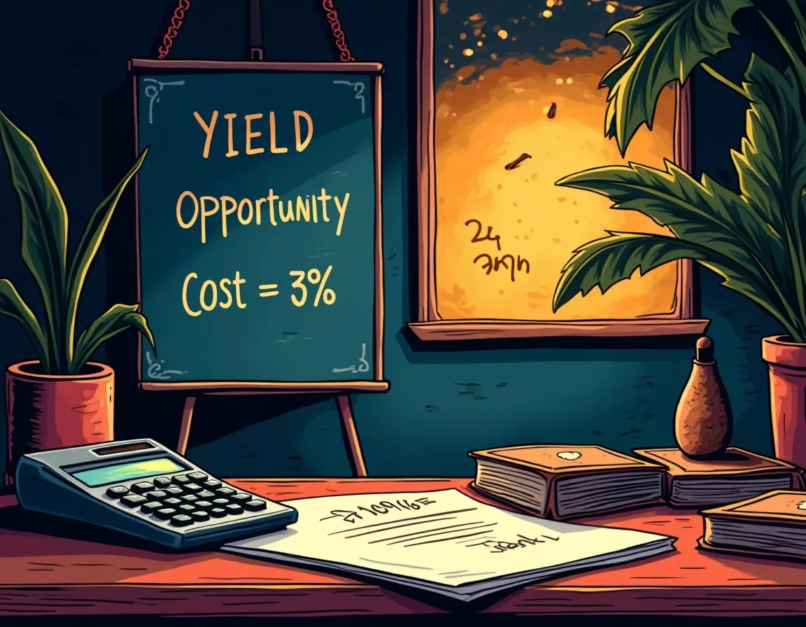 Financial calculator beside annual yield opportunity cost formula showing rate differential calculations