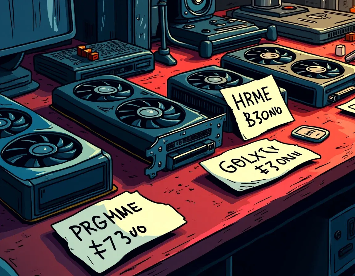 Used GPU mining cards with price tags and power consumption labels on workbench