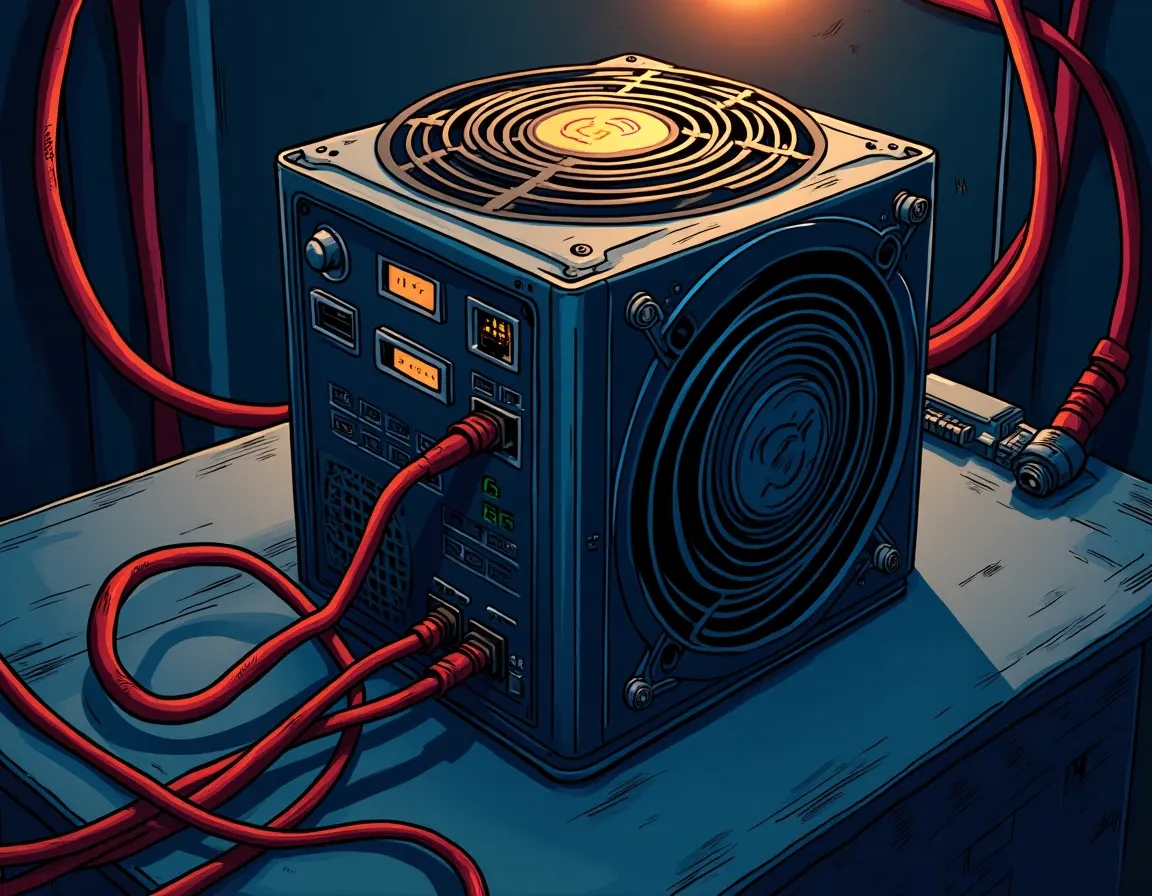 Entry level ASIC Bitcoin miner with power connections and cooling system visible