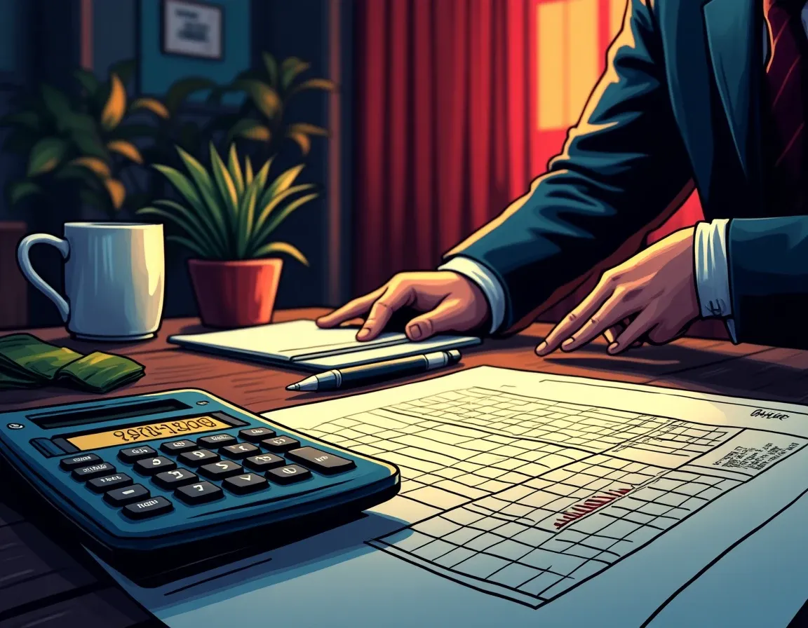 Tax preparation workspace with calculator and cryptocurrency transaction spreadsheet showing cost calculations