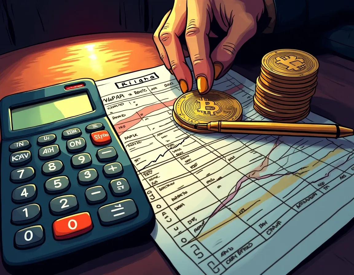 IRS tax forms with cryptocurrency cost basis tracking spreadsheet and calculator