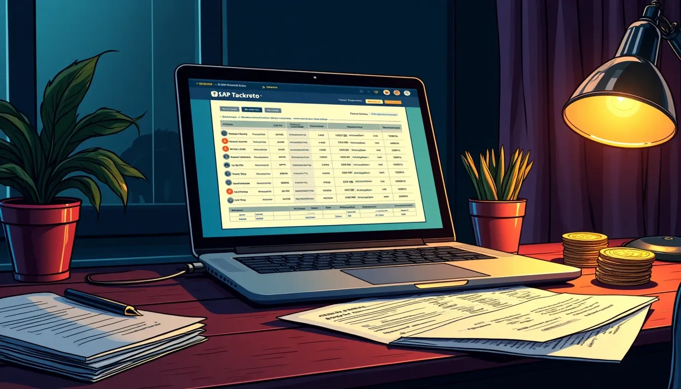 Laptop displaying cryptocurrency tax forms and transaction records on desk