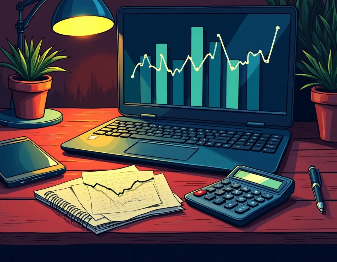 Financial calculations and yield modeling notes on desk with calculator and laptop