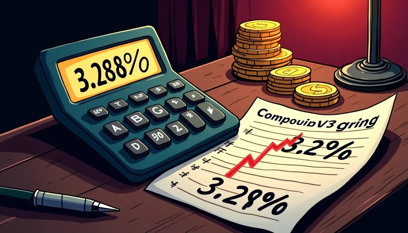 Calculator displaying Compound V3 USDC rate drop from 3.28% to 3.23% on financial document