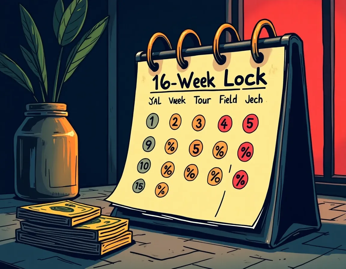 Calendar displaying 16-week lock period with yield percentages and opportunity cost calculations