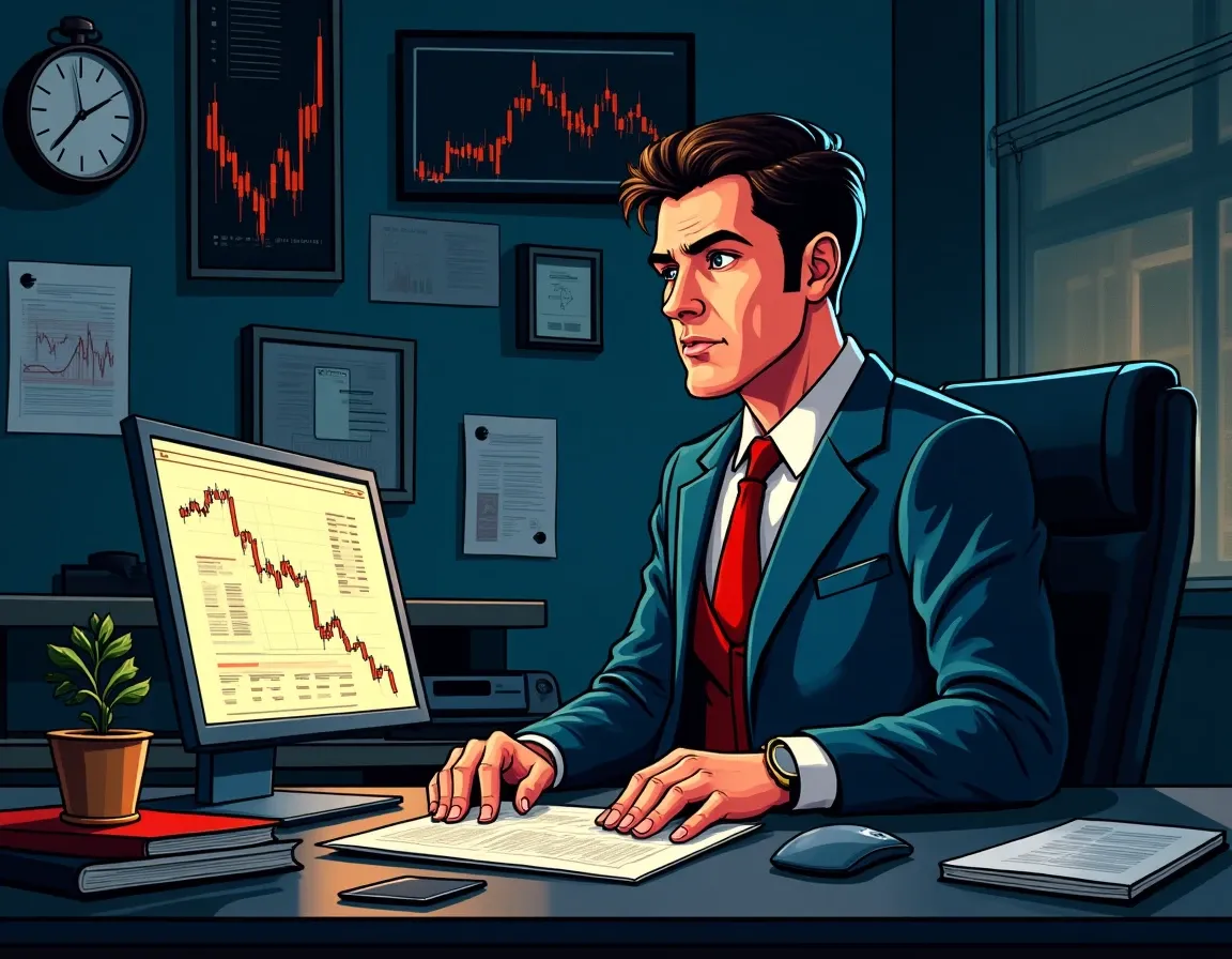 Crypto trader analyzing bear market portfolio data and accumulation opportunities on laptop
