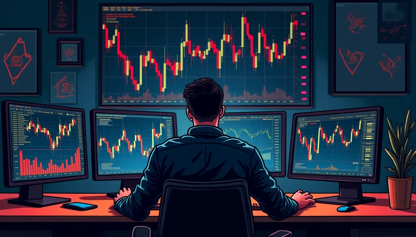 Investor studying cryptocurrency price charts and market data on computer screens