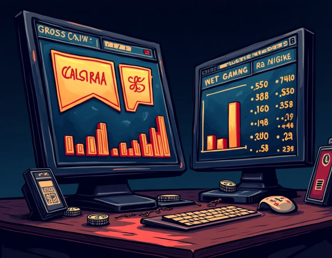 Financial dashboard comparing gross gaming revenue and net gaming revenue with percentage deductions highlighted