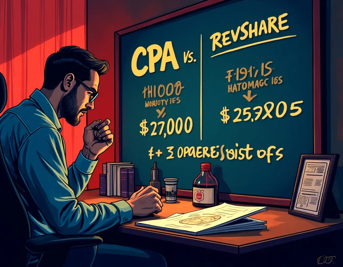 Commission structure comparison chart displaying CPA, RevShare, and hybrid model payment timelines and amounts