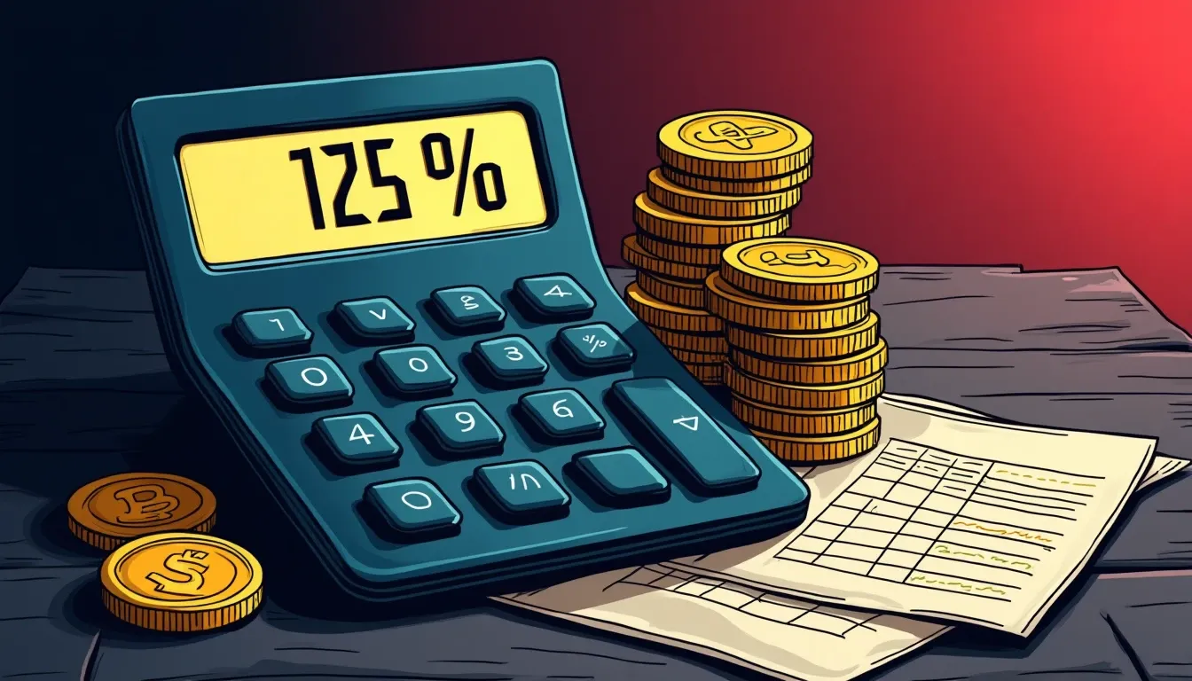 Calculator with percentage symbols, cryptocurrency coins, and commission ledger showing affiliate payout math