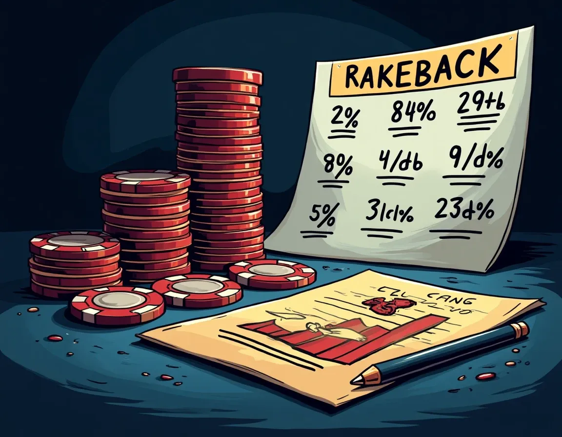 Casino chips with rakeback percentage calculations and tier rate promotional materials
