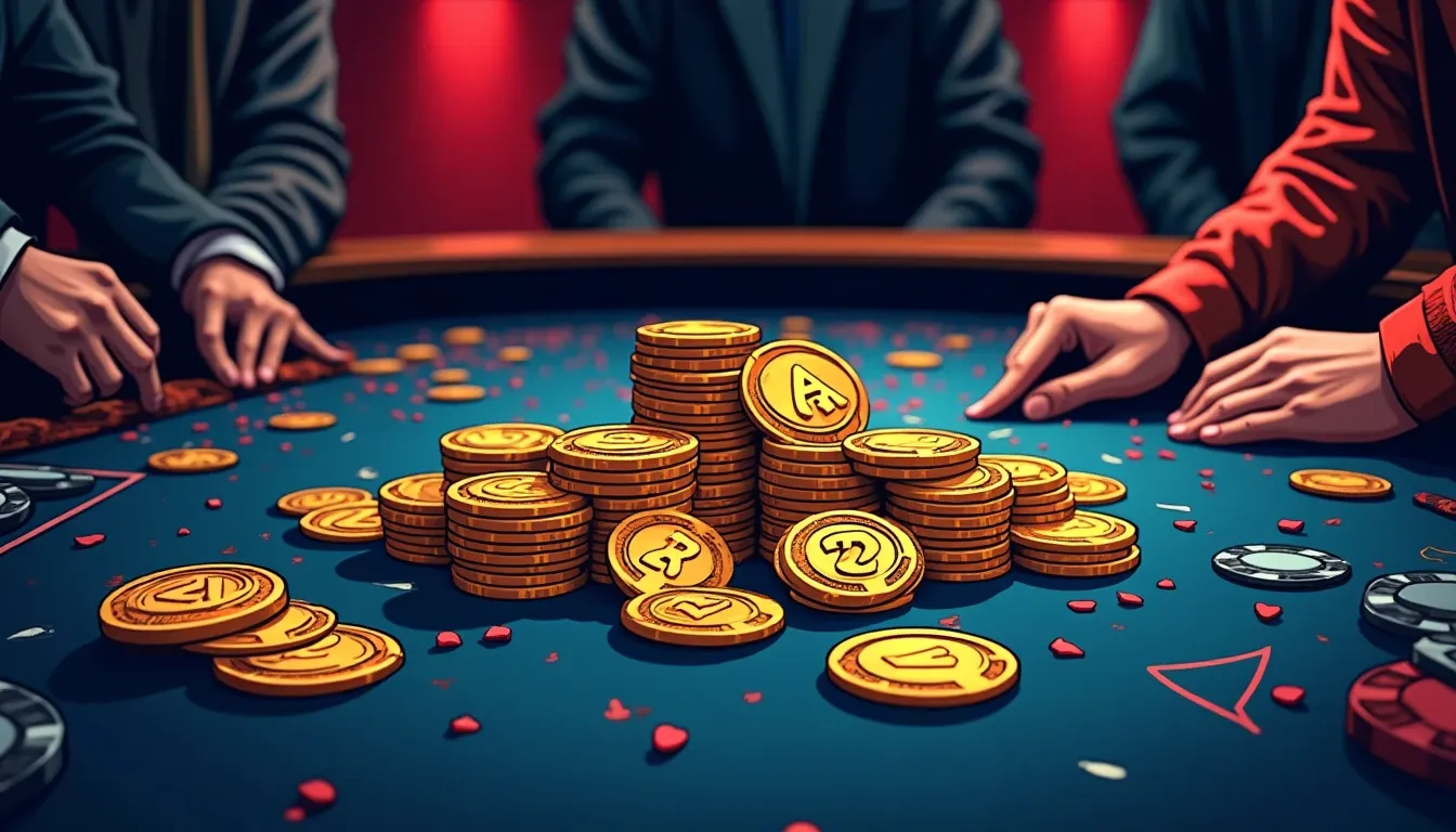 Cryptocurrency casino chips and digital currency symbols on a gaming table