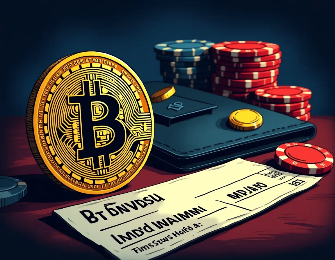 Bitcoin wallet QR code with casino chips and withdrawal receipt showing transaction timestamp