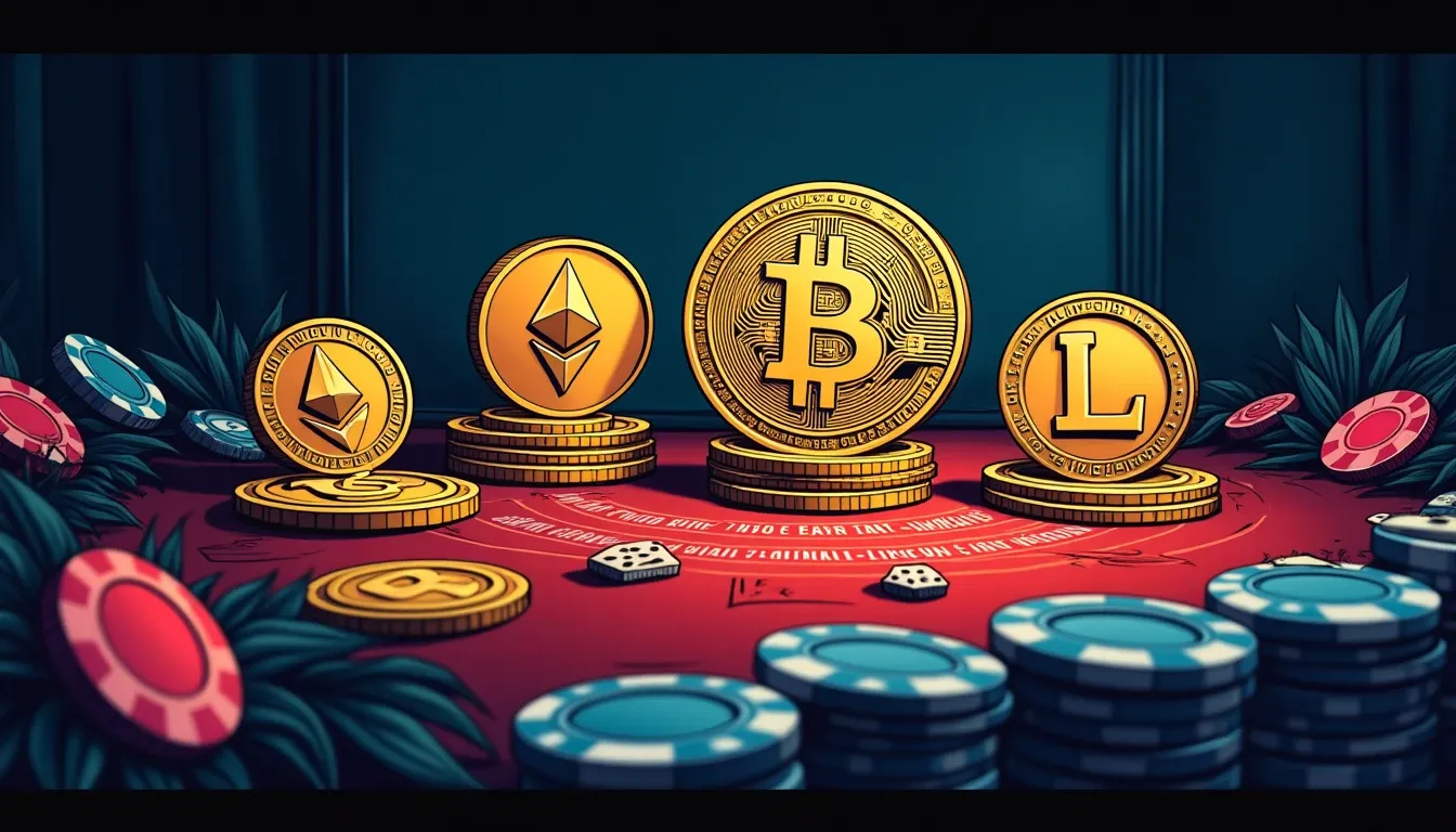 Cryptocurrency tokens displayed on casino gaming table with dice and chips