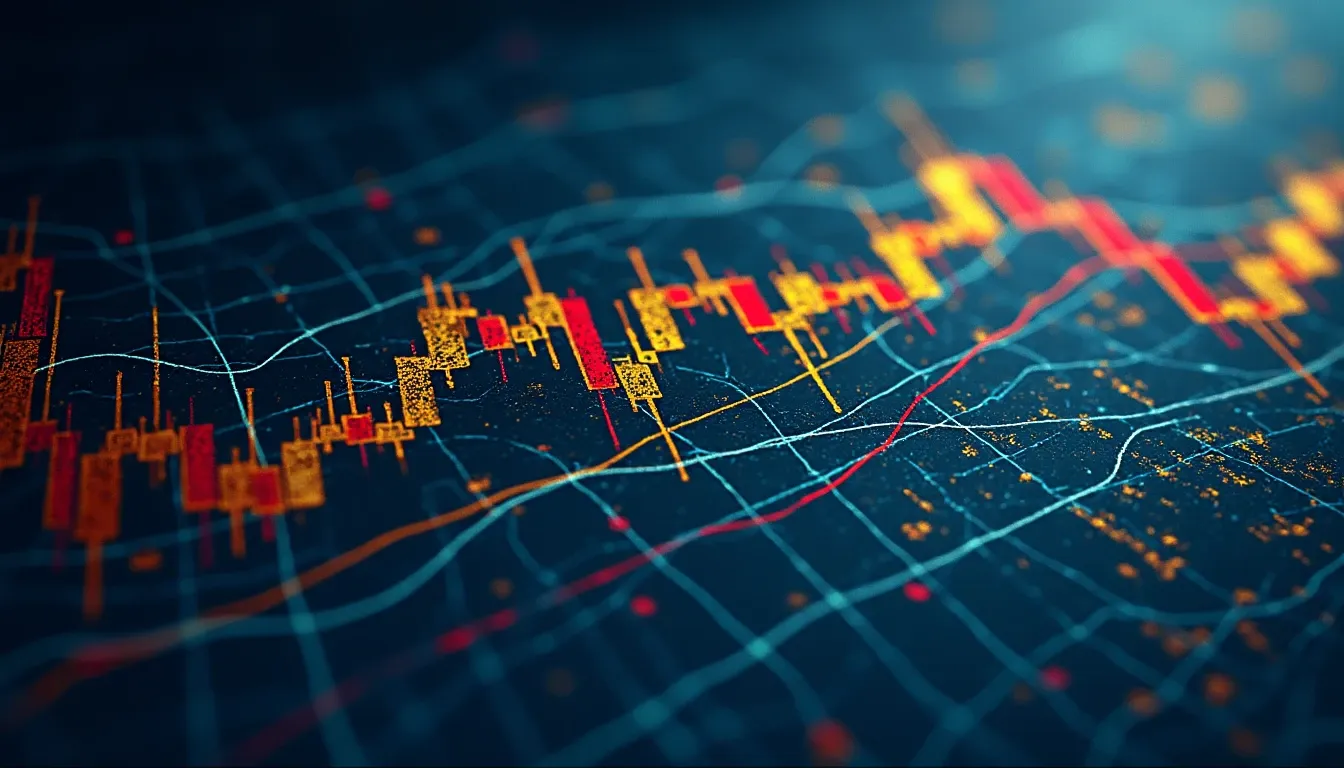 Technical chart patterns including head-and-shoulders, triangles, and wedges drawn on price charts