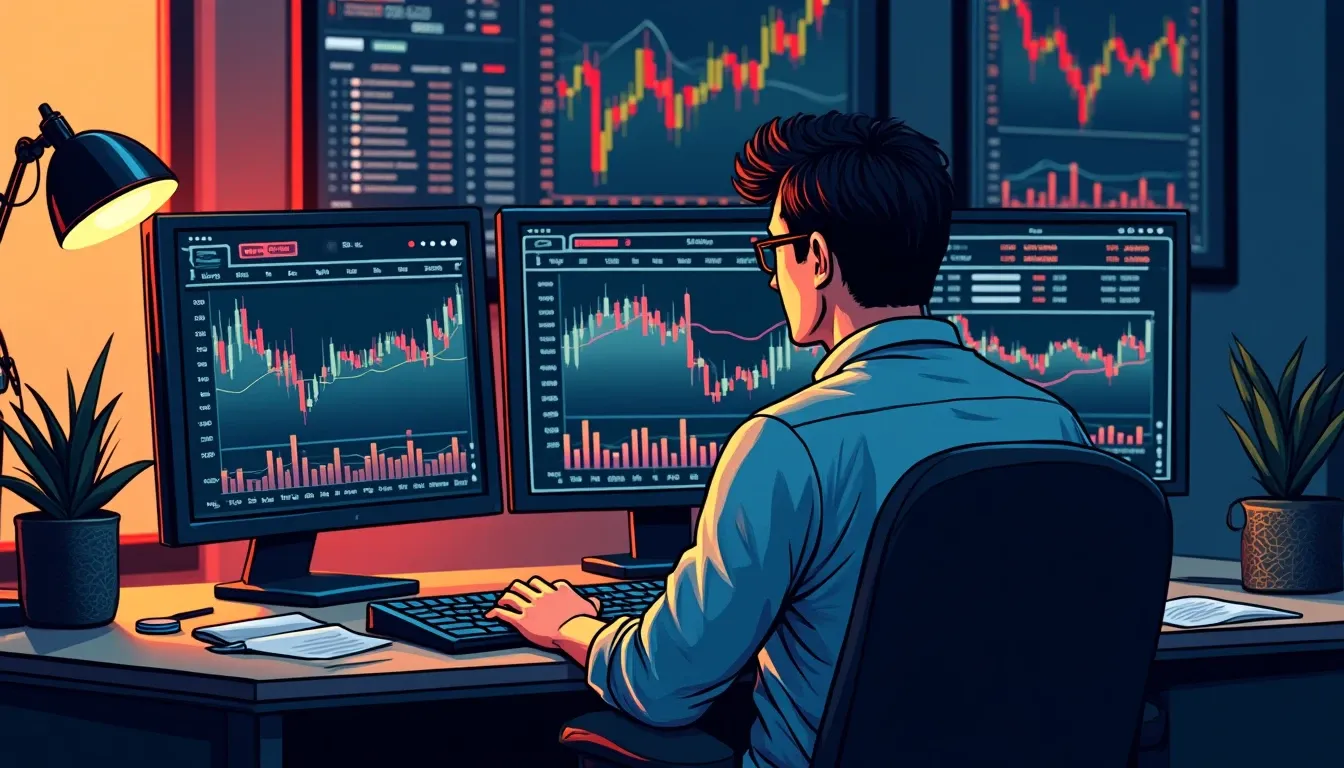 Analyst reviewing cryptocurrency cycle data and on-chain metrics on multiple screens