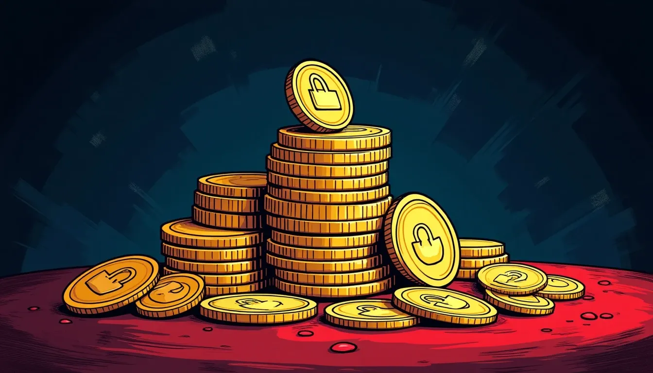 Cryptocurrency coins with lock symbols and percentage rates illustrating multiple earning mechanisms
