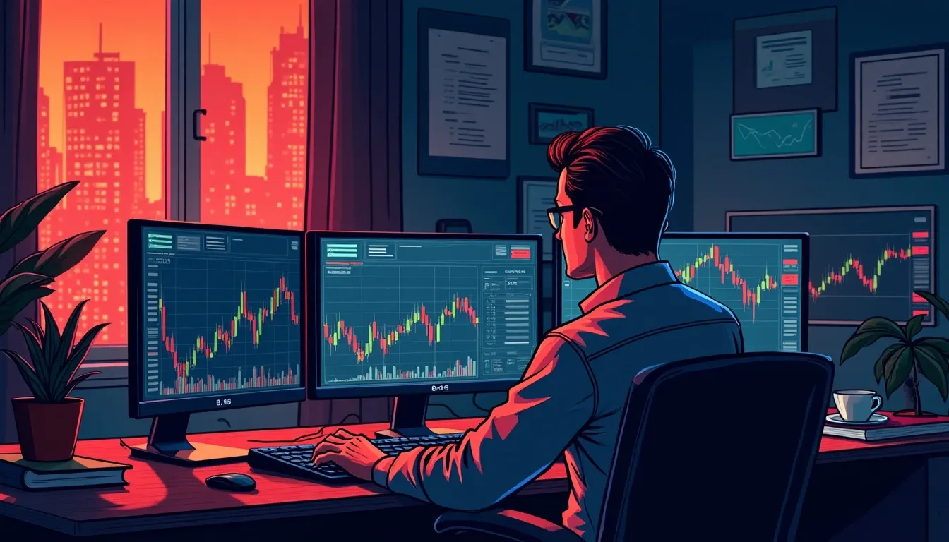 Analyst comparing cryptocurrency exchange traded fund fees and performance data on computer monitors