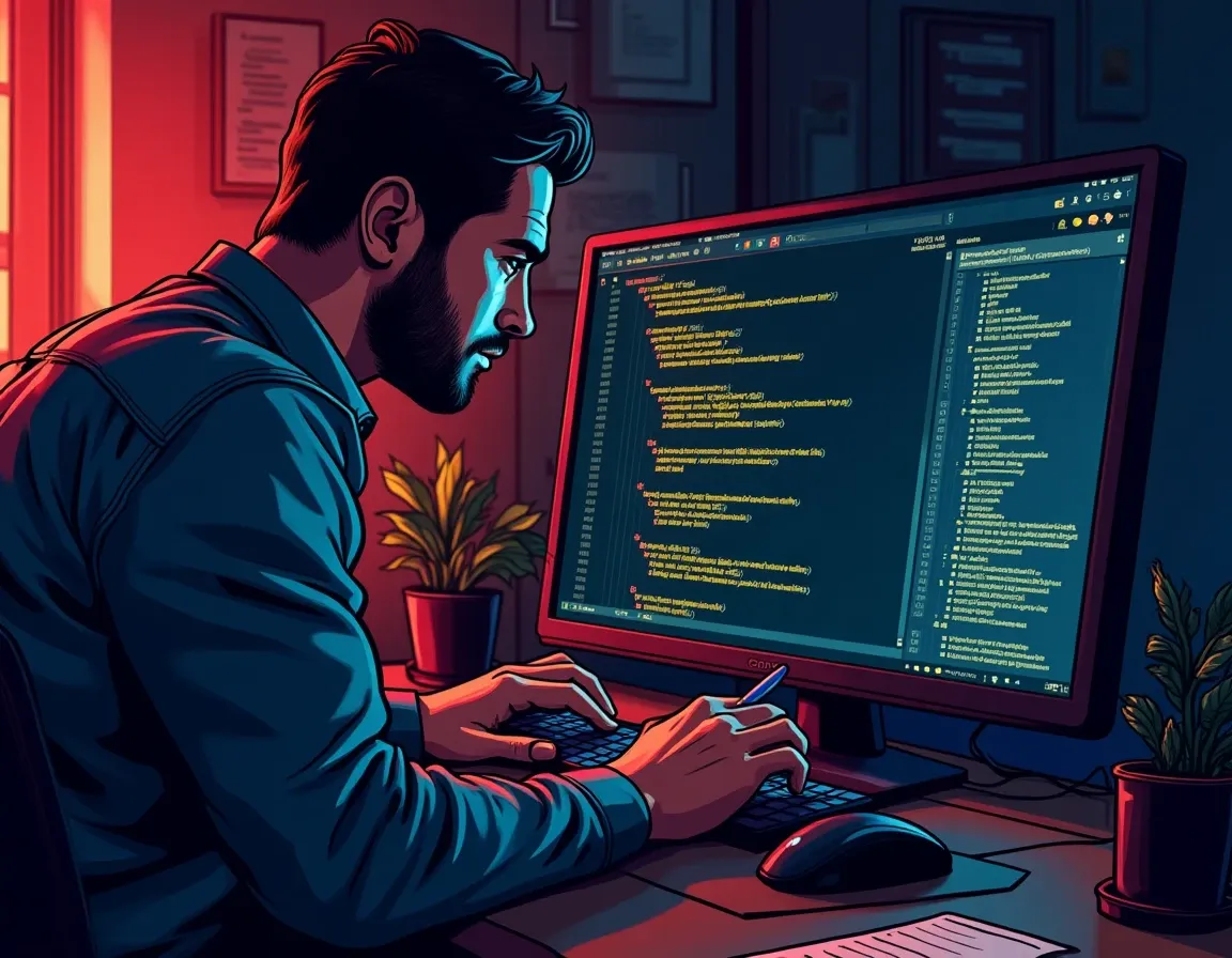 Software developer coding Solidity smart contract for DeFi flash loan transaction on laptop
