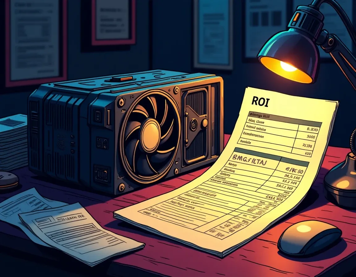 Mining hardware specs, electricity bills, and ROI calculations showing cost structure analysis
