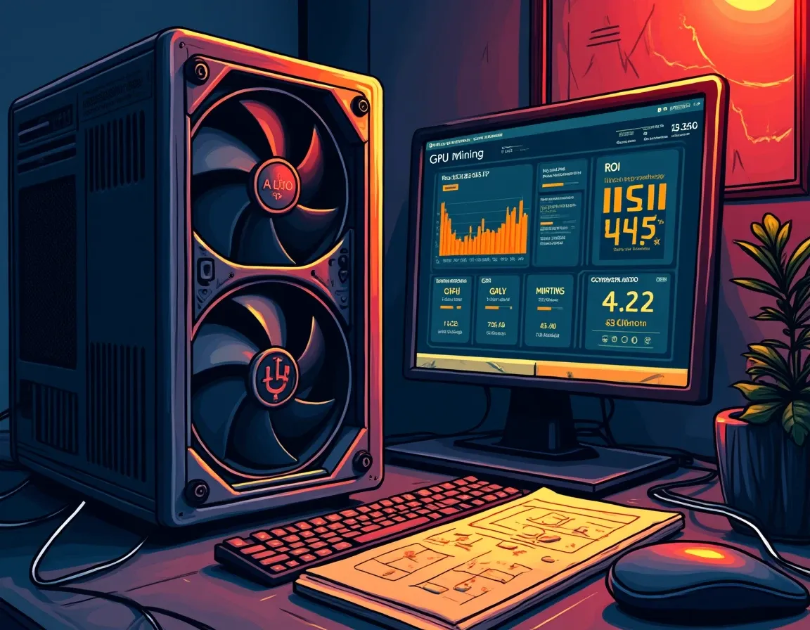 ASIC miner and GPU rig with power meters showing comparative energy usage and payback calculations