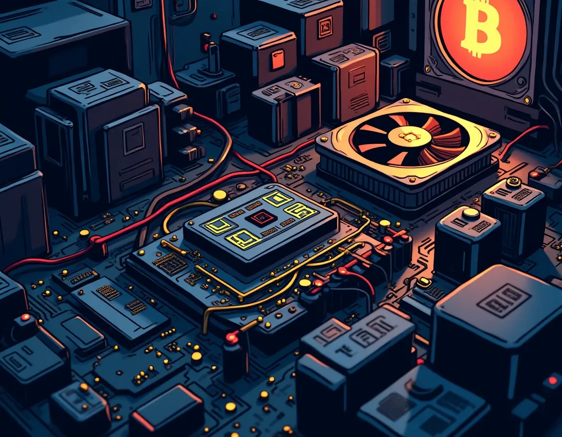 Antminer ASIC hardware showing circuit boards and cooling system components in mining rig