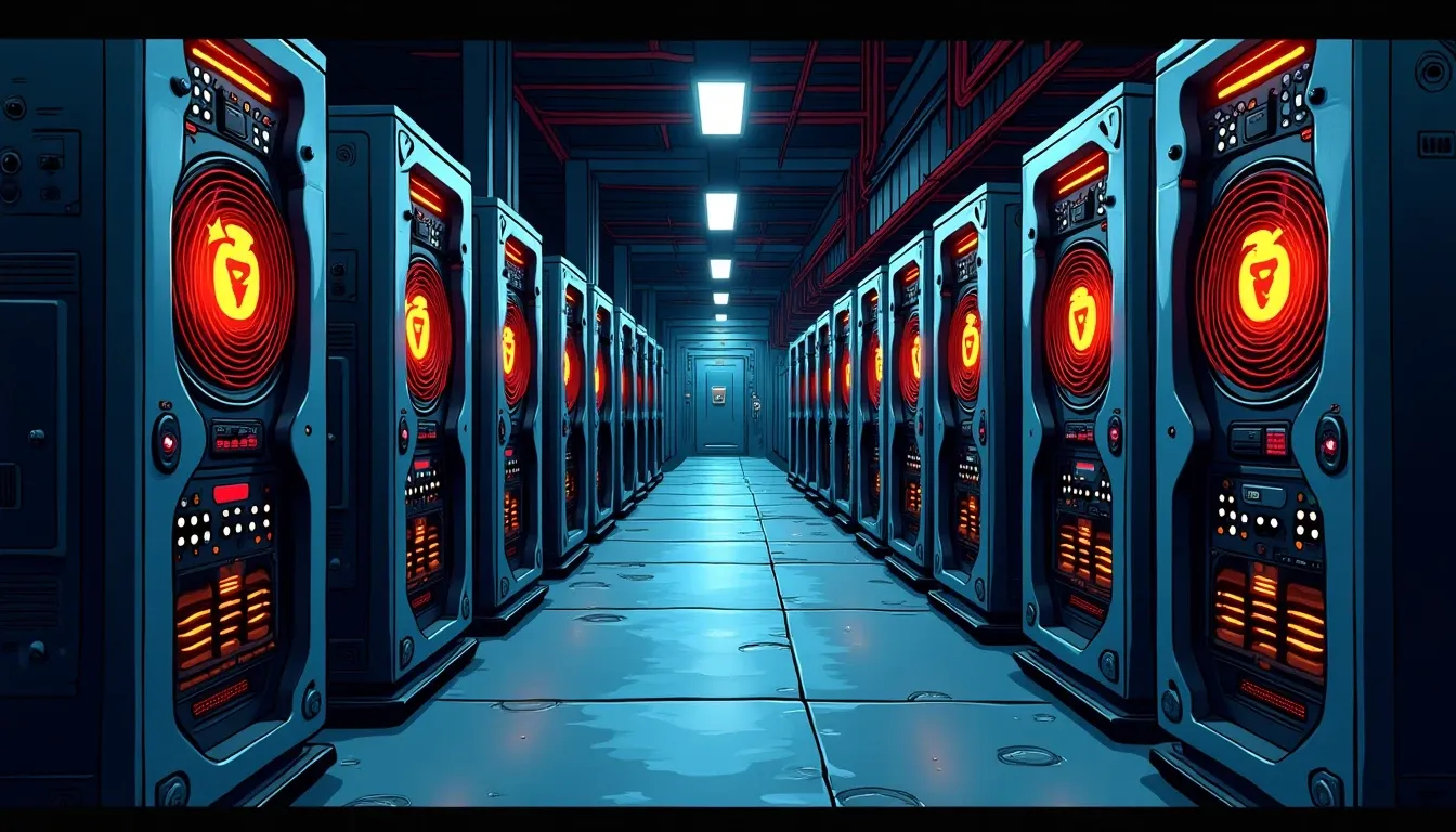 Cryptocurrency mining hardware arranged in rows showing ASIC miners and cooling systems