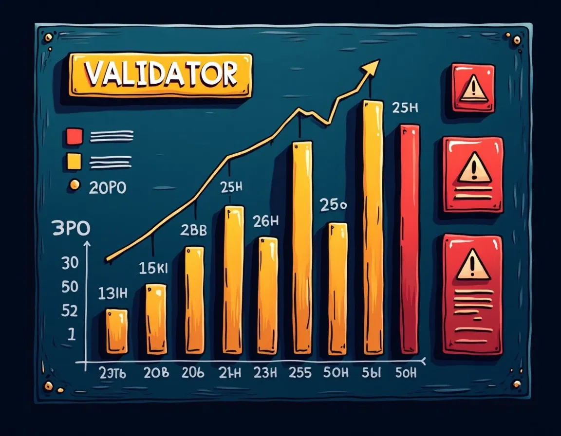 Validator comparison chart with uptime bars, commission rates, and slashing warning symbols