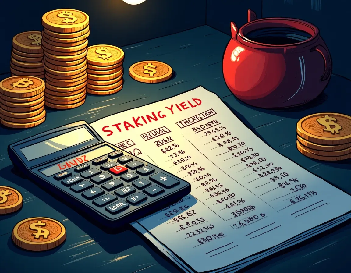 Financial calculator displaying staking APY calculations with inflation adjustments and real yield results