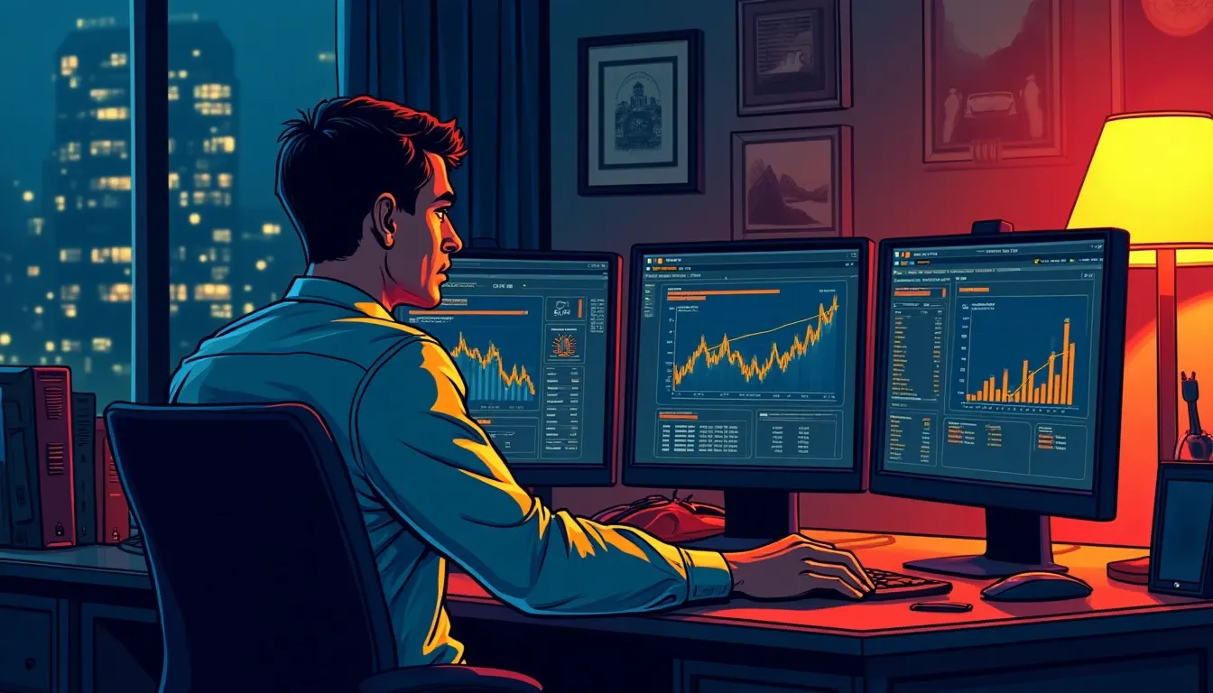 Analyst reviewing cryptocurrency staking returns and yield calculations on multiple screens
