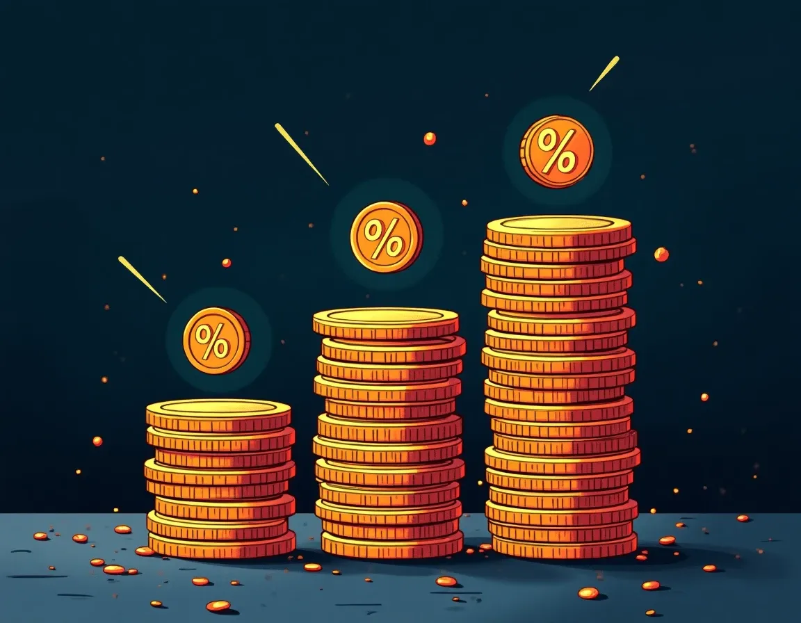 Stacked coins with percentage symbols illustrating cryptocurrency staking yield growth
